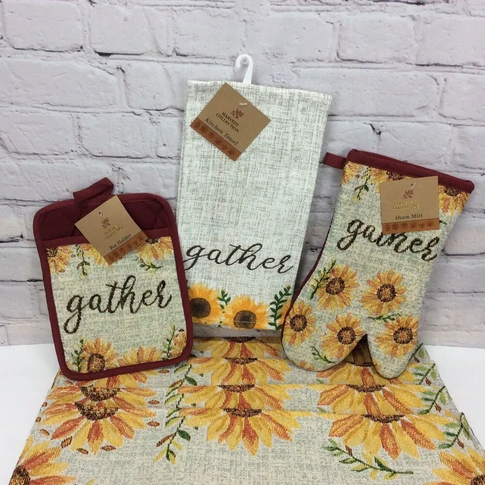 Sunflower 7Pc Kitchen Set (4)Tapestry Placemats/Dish Towel/Oven Mitt/Pot Holder